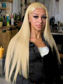 金色13*4蕾丝前假发 613 金色合成直发假发 高清透明蕾丝前假发 预先拔毛 自由分缝蕾丝前假发 耐热纤维假发 日常佩戴 音乐会 - 金色 - 查看 2