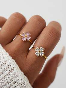 Frminee 2pcs/1pc Women's 18k Gold Plated Four-Leaf Clover Stainless Steel Ring, Cubic Zirconia Lucky Promise Ring, Elegant Jewelry Gift - Multicolor - View 2