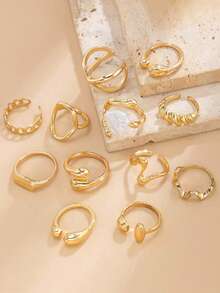 Bộ 12 chiếc nhẫn thời trang hình trái tim lỏng bất đối xứng đính ngọc trai, thích hợp cho nữ giới đeo hàng ngày, làm quà tặng. - Vàng - Xem 2