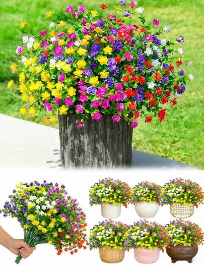 5支户外春季彩色人造花，抗紫外线仿真花，人造灌木植物，适用于门廊、盆栽、窗台花箱填充装饰（混合颜色）