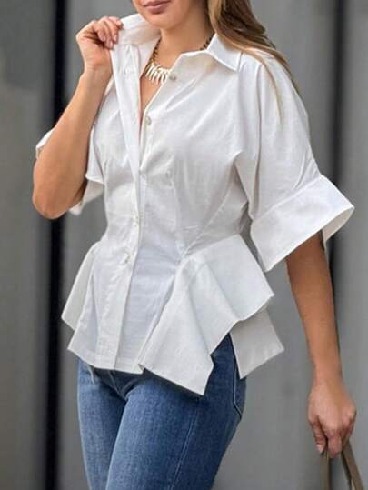 New Arrival Bestselling White Flare Sleeve Ruffle Hem Blouse | Fitted Waist Asymmetric Hem Button-Up Shirt, Suitable For Daily Commute And Office Elegant Attire Summer