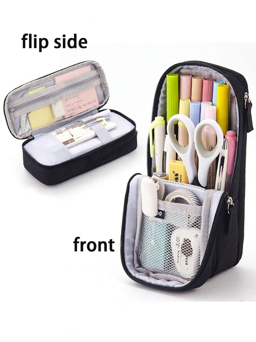 大容量立式化妆包、铅笔盒、多功能双层折叠铅笔盒、化妆品和化妆刷收纳袋、双开口设计多功能文具盒。