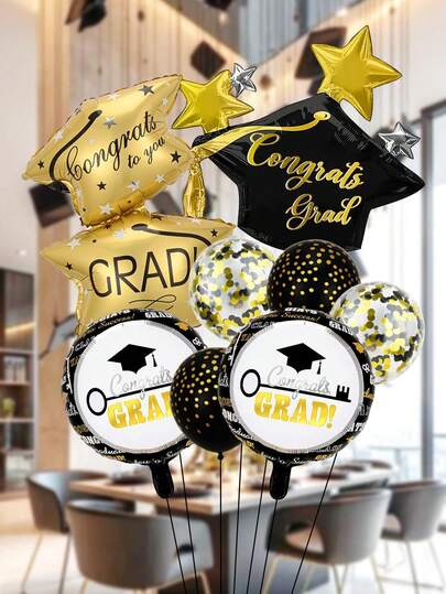 8件套毕业主题气球套装，包含毕业帽形状气球和圆形气球，适合毕业派对、庆祝毕业、毕业快乐装饰