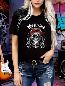 女士休闲黑色圆领短袖T恤，骷髅印花，舒适春夏款 - 黑色 - 查看 11