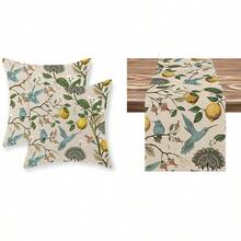 2 Peças Conjunto de Fronha e Caminho de Mesa em Estilo Chinês Azul e Verde, 2 Peças Capas Decorativas de Almofada Floral Vintage, Fronha Floral Boêmia Sazonal para Uso Externo, Capas de Almofada de Sofá de Linho - Multicolorido - Visão 11