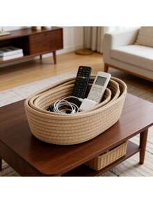 1个大容量椭圆形手工编织收纳篮，波西米亚风格编织篮，椭圆形编织收纳篮，适合存放小物件和其他物品，适用于厨房、浴室、杂物间、卧室、客厅、宿舍、书桌、梳妆台、家居装饰、浴室收纳，也适合存放零食。 - 卡其色 - 查看 5