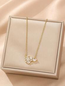 1件金色不锈钢链镶嵌立方氧化锆玫瑰花吊坠项链，奢华复古时尚简约百搭项链，适合女性日常休闲、通勤、节日派对等场合佩戴。 - 金黃色 - 查看 5