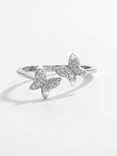 1枚闪亮优雅浪漫925银立方氧化锆蝴蝶可调节戒指，适合约会、婚礼、日常佩戴，增添魅力，亦可作为礼物。