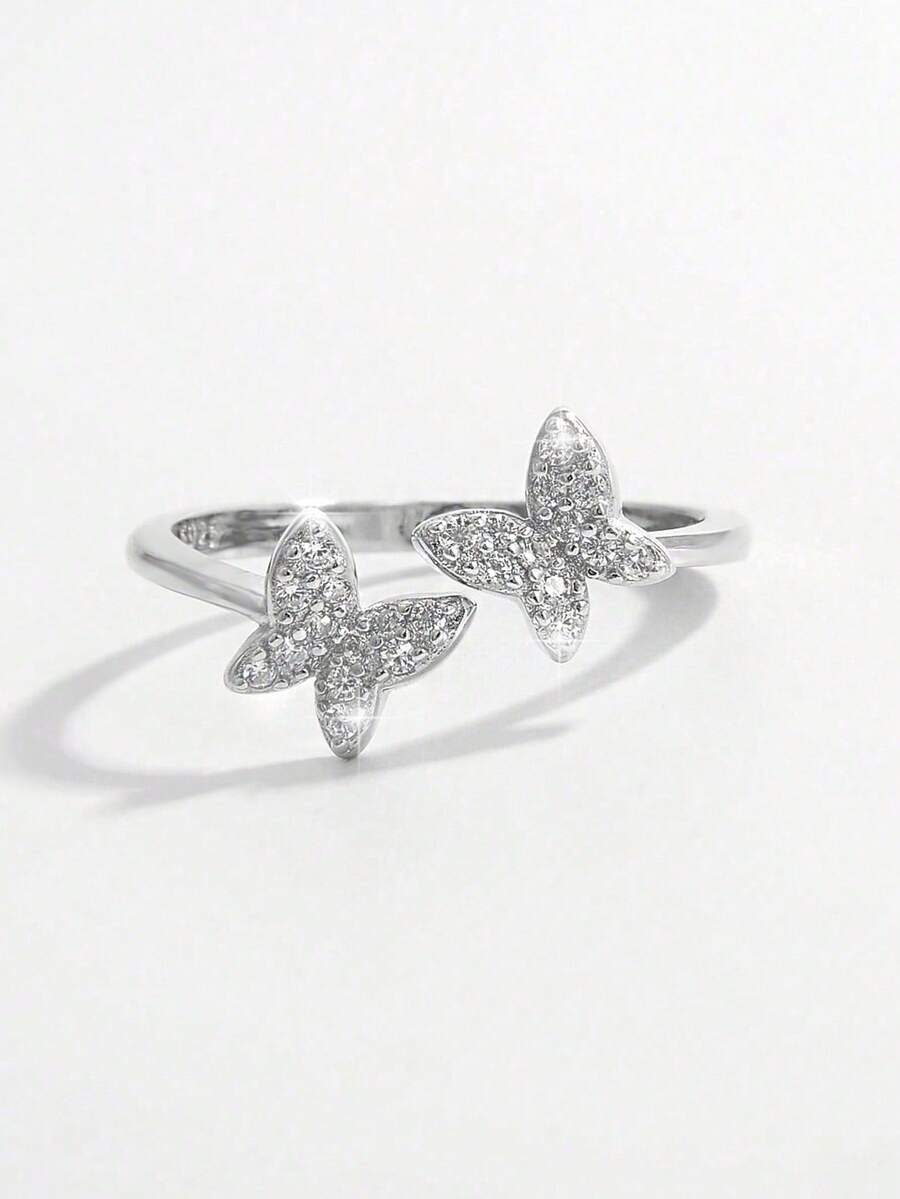 1枚闪亮优雅浪漫925银立方氧化锆蝴蝶可调节戒指，适合约会、婚礼、日常佩戴，增添魅力，亦可作为礼物。 - 銀色 - 查看 1