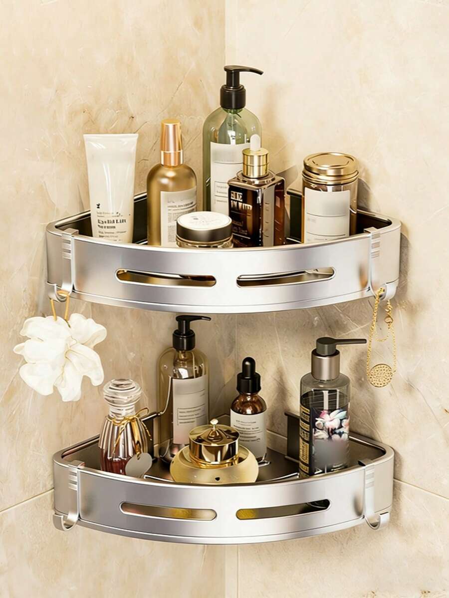 Easy To Install Space Aluminum Triangle Shower Shelf, No-Drill Wall-Mounted Bathroom Kitchen Storage Rack, Rust-Proof Aluminum No-Drill Bathroom Triangle Shelf, Toilet Wall-Mounted Vanity Corner Shelf, Adhesive And Drill Dual-Use, Firm Adhesion Without Falling, Hollow Design No Water Accumulation, Bathroom Decor Storage, Kitchen Storage, Home Storage Supplies, Back To School Storage, Storage Organizer, Student Dorm Essential