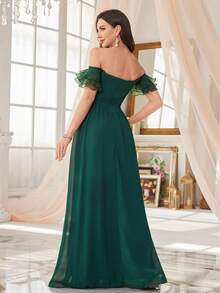 SUPGIR Heart-Shaped Neckline Sequin Pearl Ruffle Mesh Three-Layer Sleeve Waist Pleated Split Chiffon Formal Dress - Dark Green - View 2