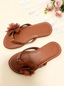 1 Pair 3D Floral Thong Slippers, Fashionable Retro Summer Slides, Soft Non-Slip Beach Shoes For Kids, Suitable For Banquets, Gatherings, Parties, Weddings, And Vacations - Brown - View 1