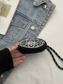 New Retro Embroidered Mini Black Coin Purse, Round Pouch Wristlet - Black - View 8