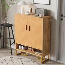 Modern, Minimalist Shoe Cabinet, Unique Wood Grain, Golden Iron Frame, Two-Door Storage Cabinet, Narrow Shoe Cabinet, Shoe Rack, Shoe Cabinet For Hallway/Entrance Hall - View 4