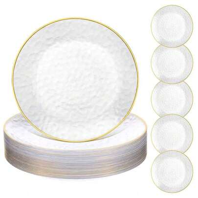 10/20/25/50 piezas Juego de platos y tazones con textura martillada transparente, incluye platos de postre de 7.5" y 10.25", tazones premium para frutas/ensaladas, reutilizables y fáciles de limpiar. Adecuado para diversas ocasiones como bodas, fiestas de cumpleaños, reuniones familiares, actividades al aire libre, eventos escolares, picnics, etc.