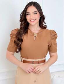 Elegant Short Sleeve Blouse Evangelical Fashion Puff Sleeve - Rust Brown - View 4