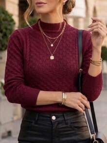 Women's Basic Modal Blouse With High Neck, Textured Knit Fabric, Winter Style, Delicate, Julook Knit, Cable Stitch, Daily Wear - Burgundy - View 2