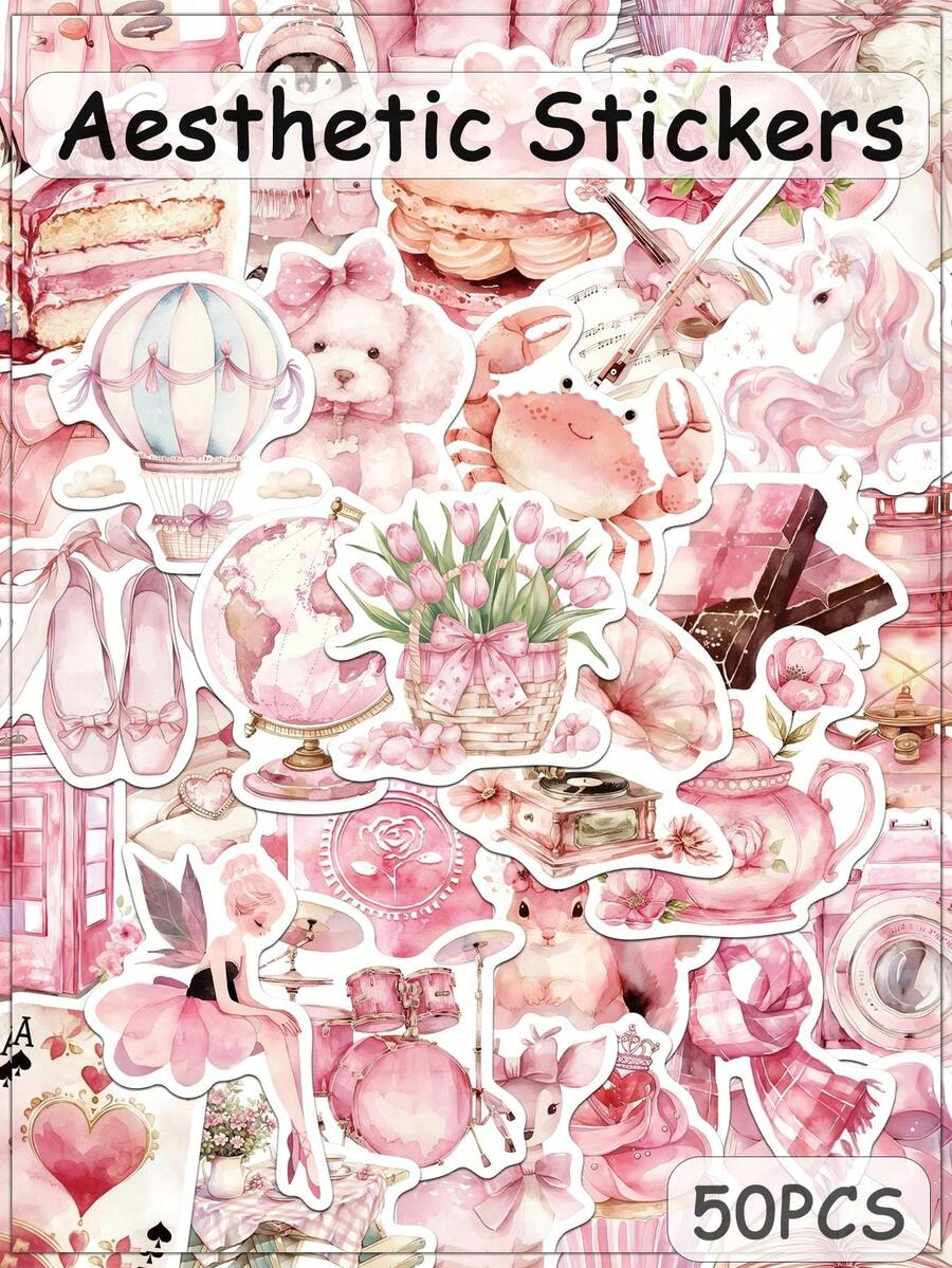 50pcs Pink Aesthetic Stickers Laptop Handbook Phone Case Decorative Decals - A - View 1
