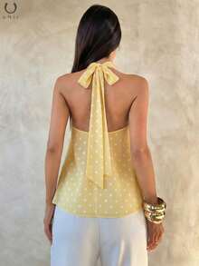 UMII Women's Valentine's Day Yellow Polka Dot Camisole, High Neck A-Line Chiffon Double Layer Sleeveless Top, Retro Collegiate Casual Date Blouse Summer - Yellow - View 2