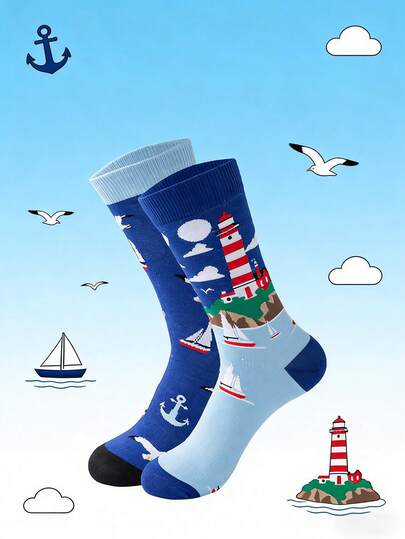 1 Paio di Calzini Unisex a Tema Marino - Motivo Faro e Barca a Vela, Calzini Casual Creativi e Unici, Adatti per Chi Ama la Moda Casual dei Calzini per Tutto l'Anno