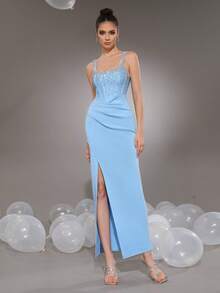 Modphy Sexy ärmelloses, stark verziertes Strass-Plissee-Maxikleid mit Schlitz, trägerlos, elegantes Damen-Party- und formelles Abendkleid - Babyblau - Übersicht 4