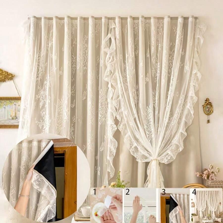 1pc Woven Floral Living Room/Bedroom Blackout Window Curtain, Self-Adhesive No Drilling Needed, Dust-Proof Thermal Insulation Translucent - Beige - View 1