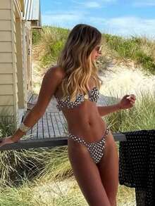 Women's Summer New Arrival: European & American Style, Sexy, Casual, Brown & White Polka Dot, Strapless, Beach Vacation, Bikini Swimsuit - 棕色 - 查看 2