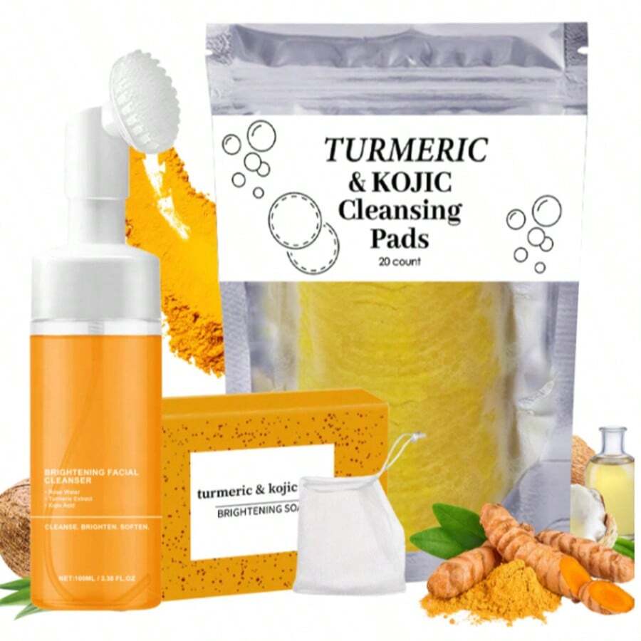 4Pcs Turmeric Wash And Care Three Piece Set,Tuemeric Facial Cleanser & Turmeric Soap Bar & Turmeric Face Scrub Pads,Face & Body Cleanser,Turmeric Cleansing Skincare Set, Deep Cleansing - Màu vàng - Xem 1