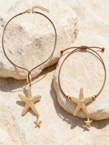 1 Set Summer Gold Exaggerated Starfish Linked Pendant Necklace, Adjustable Bracelet Jewelry Set, Suitable For Beach, Vacation, Photo Shooting - Yellow Gold - View 3