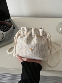 Solid Color Mini Foldable Drawstring Shoulder Bag, Woven Bucket Shoulder Bag (Pattern, Color, And Placement Vary Randomly) - Beige - View 9