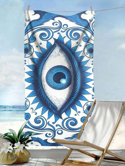 1条创意蓝色邪眼印花沙滩巾，超强吸水泳池巾，不粘沙，超大沙滩毯，超细速干游泳巾，适合旅行、泳池、潜水、冲浪、瑜伽、露营、摩托车俱乐部聚会等场合，沙滩必备
