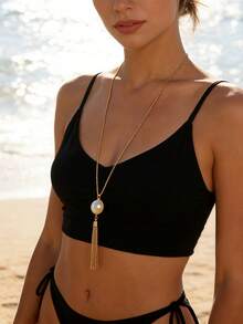1pc Women's Long Necklace, French Luxury Elegant Chain Tassel Faux Pearl Pendant Necklace, Minimalist Long Delicate Chain, Versatile Slimming Daily Wear, Suitable For Spring/Summer, Commute, Date, Valentine's Day Gift For Girlfriend - Golden Yellow + White - View 11