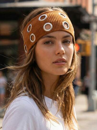 1pc Women's Fashion Metallic Brown Hollow Elastic Headband, Retro Gothic Punk Rock Y2K Stylish Hair Accessory, Suitable For Daily Wear, Spring/Summer, Festivals, Parties