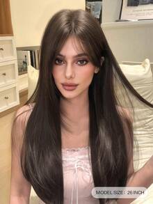 26-Inch Long Synthetic Wig Featuring A Natural Straight Style A Stunning Brown. Designed With Bangs , It Is Crafted From Heat-Resistant Fiber To Ensure Durability. This False Hairpiece Is Perfect For Daily Use, Offering A Natural And Realistic Appearance That Mimics Real Human Hair - Brown - View 2