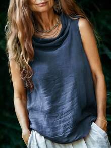 女士夏季新款时尚宽松复古度假风背心，女士夏季服装，度假装，纯色露肩无袖上衣 - 藏蓝色 - 查看 1