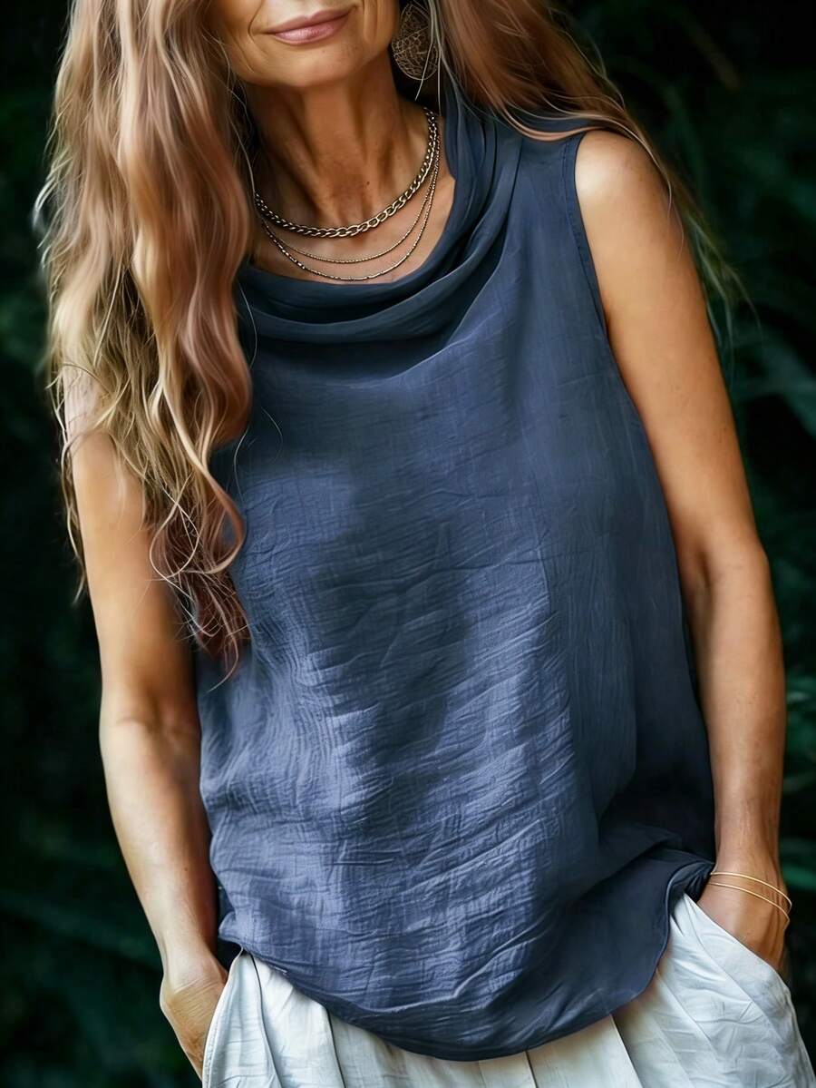 女士夏季新款时尚宽松复古度假风背心，女士夏季服装，度假装，纯色露肩无袖上衣 - 藏蓝色 - 查看 1