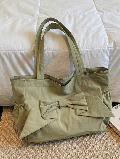 Bow Decor Women's Tote Bag, Large Capacity Minimalist Versatile Shoulder Bag, Suitable For Daily Commute, School, And Casual Outings, Fresh And Youthful Style