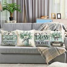 Spring Summer Bless Our Home Sweet Home Teal Striped Throw Ow Covers 18x18 Set Of 4 Eucalyptus Leaves  Jar Truck Farmhouse Cushion Case Decoration For Sofa Couch - màu xanh ngọc - Xem 3