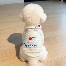 柔软透气的宠物大象背心 - 春夏两腿狗狗服装，可爱“宝贝”标签小狗套装，轻便条纹衬衫，适合小型犬和猫咪 - 藍白色 - 查看 7