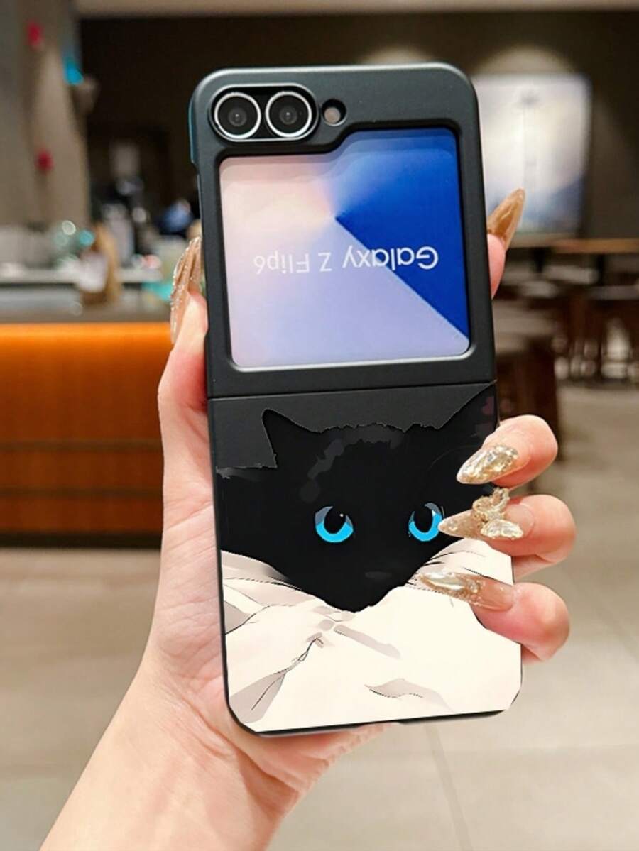1个时尚简约亲肤PC材质可爱简约猫咪元素折叠手机壳，可保护手机并防止跌落，适用于：三星Galaxy Zflip 3/Zflip 4/Zflip 5/Zflip 6/Zflip 7/ Find N3 Flip/ Razr 50 Ultra/ Razr 60 Ultra/ Razr 60/ Rolla Razr 50/小米MIX Flip/Galaxy Z Flip7 FE - 黑色 - 查看 1
