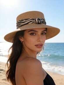 1pc Elegant Wide Brim Zebra Print Straw Hat, Suitable For Spring And Summer, Suitable For Outdoor Activities, Beach, Travel And Vacation. Features Include UV Protection, Breathability, Moisture-Wicking, Multi-Functional And Portable Design. - Multicolor - View 3