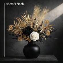A Luxurious Artificial Flower Bouquet, Featuring Black And White Roses As The Main Elements, Complemented By Golden Spiral Leaf Accents And Cattail Grass. This Faux Flower Arrangement Adds A Gothic Charm To Your Living Room Table Or Bedroom Vanity. - Gold - View 2