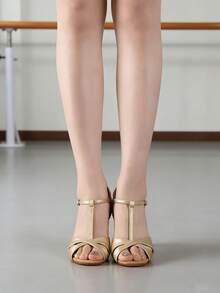 Women's Gold T-Strap Latin Dance Shoes Soft Sole Ankle Strap For Ballroom Tango Salsa Dancing - Gold - View 1