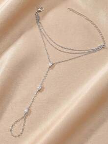 1 pieza Conjunto de anillo y pulsera de cobre elegante con circonita cúbica brillante multicapa, adecuado para uso diario de mujeres, discoteca, fiesta y regalo - Plateado - Ver 3