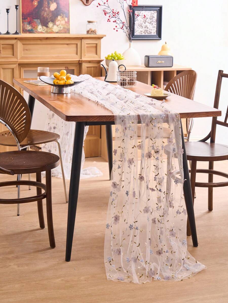 1pc White Sheer Floral Embroidered Tablecloth, American Farmhouse Style Rectangular Table Runner, Suitable For Daily, Festivals, Parties, Weddings, Hotels, Home Dinners, All Seasons Decor