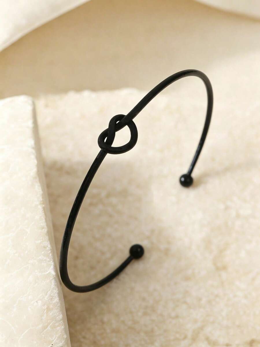 1 pieza Brazalete de bangle ajustable con nudo en forma de corazón, de estilo minimalista y elegante europeo y americano, adecuado para uso diario y de fiesta de las mujeres - Negro - Ver 1