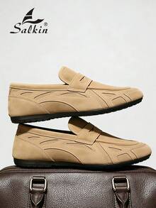 简约设计男士乐福鞋，柔软皮革鞋面，舒适透气，轻便优雅，尽显绅士风范。 - 卡其色 - 查看 8