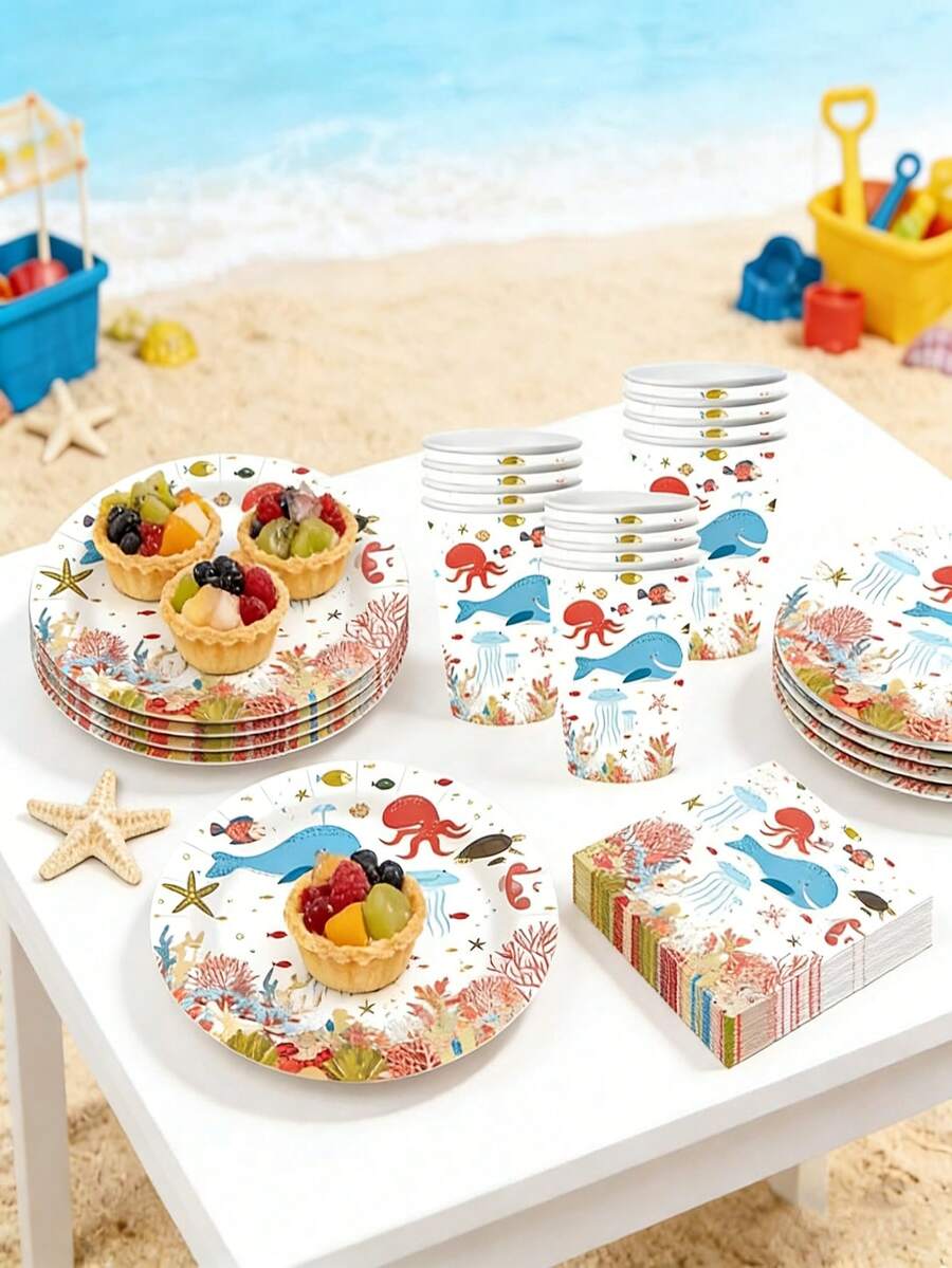 10件套海洋主题婴儿派对/生日派对用品，海底世界海洋动物装饰餐盘、杯子、餐巾纸和餐具，适合10位客人 - 查看 1