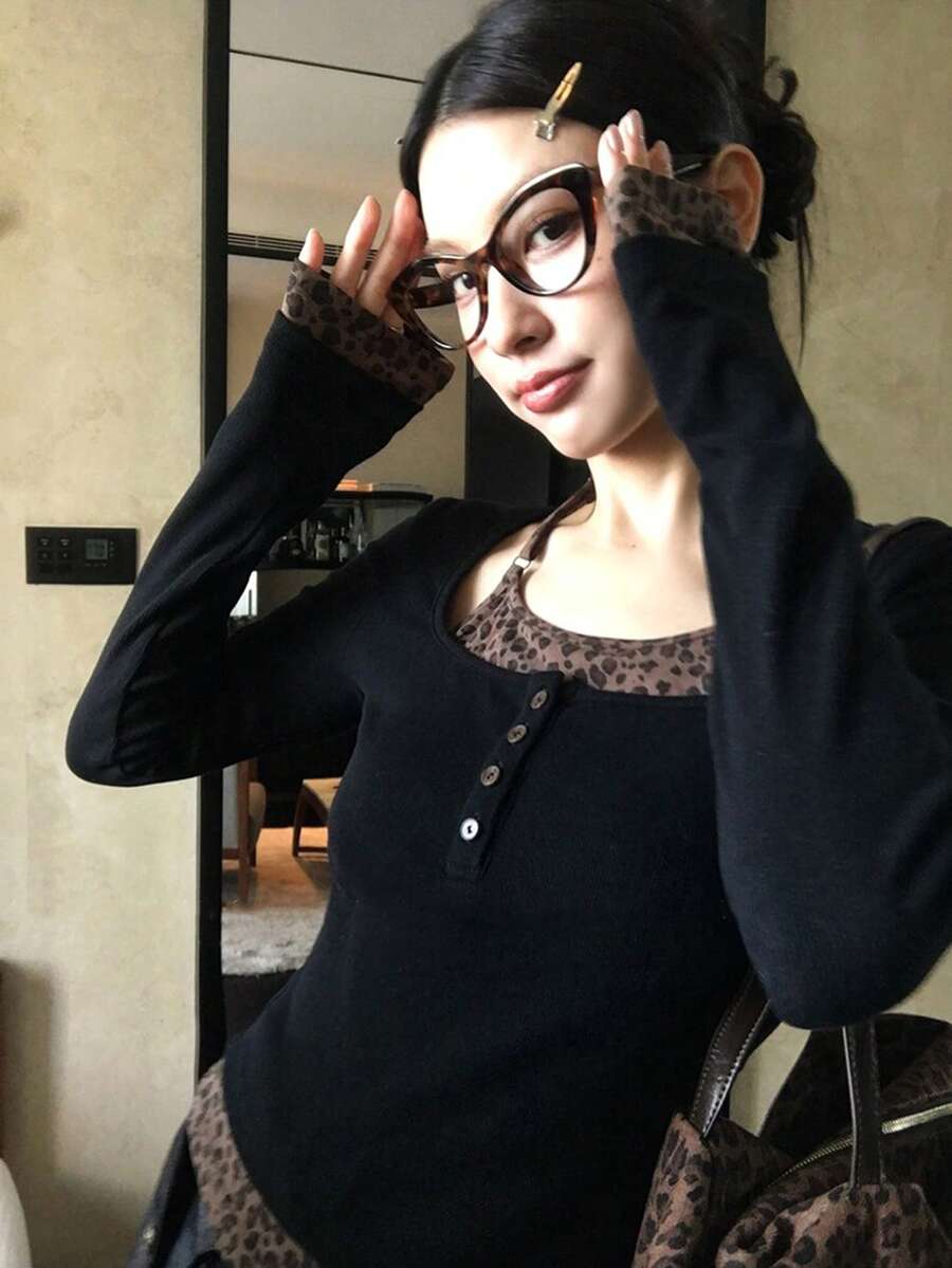 复古美式性感豹纹拼接针织高领长袖套头T恤，休闲黑色，春季款