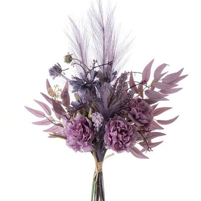 1束人造花，紫色丝绸花卉摆设，仿芦苇草花束，混合花卉餐桌中心装饰品，适用于家居、婚礼、花园派对装饰